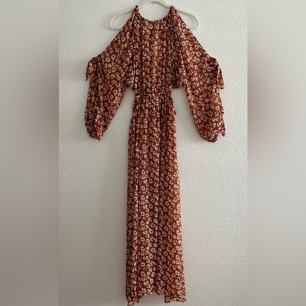 Anthropologie Sheer Rust Abstract Floral Print Coverup Maxi Dress